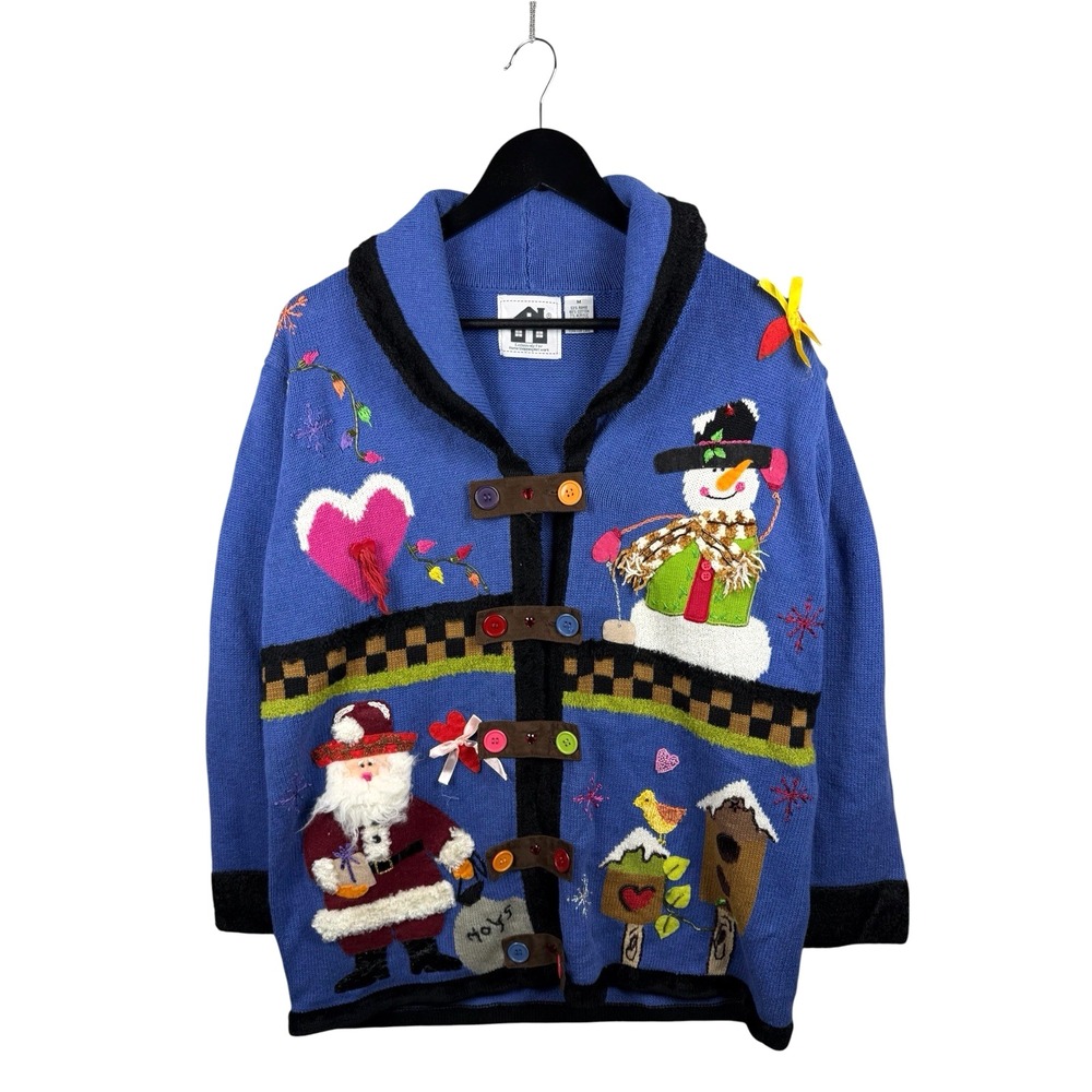 Storybook Knits Christmas Santa Snowman 3D Shawl Cardigan Sweater Women's M